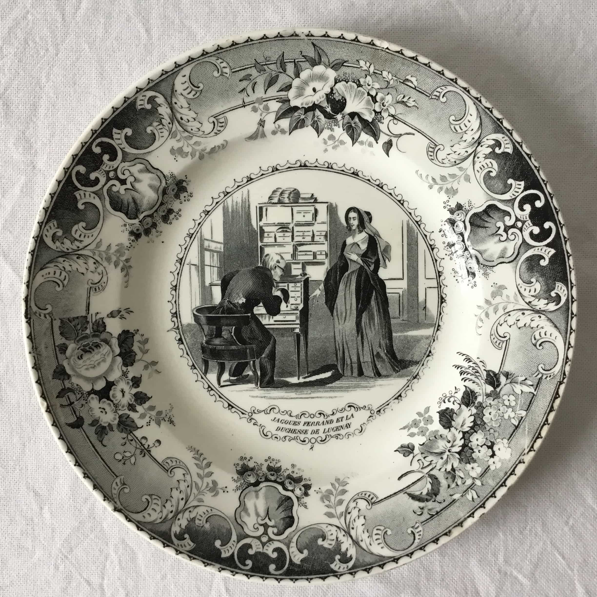 フランス クレイユ エ モントロー アンティーク グリザイユ プレート 皿 (1843 -49) 20.5 cm