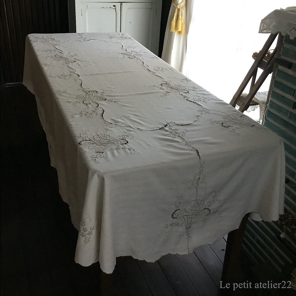 サムネイル： (オーバル)(特大) フランス アンティーク コットン テーブルクロスセット 花籠刺繍 カットワーク スカラップ 167 x 257 cm