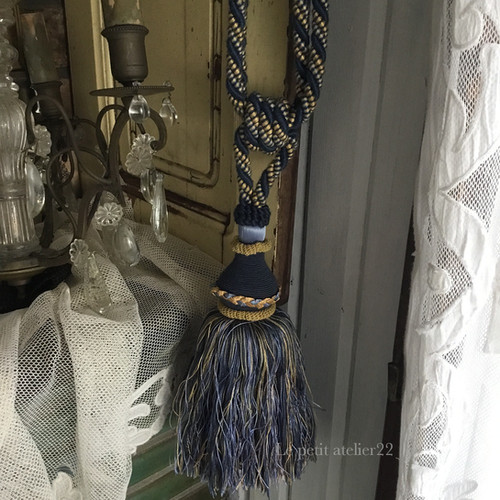 フランス アンティーク カーテンタッセル ブルー 70 cm タッセル 22 cm
