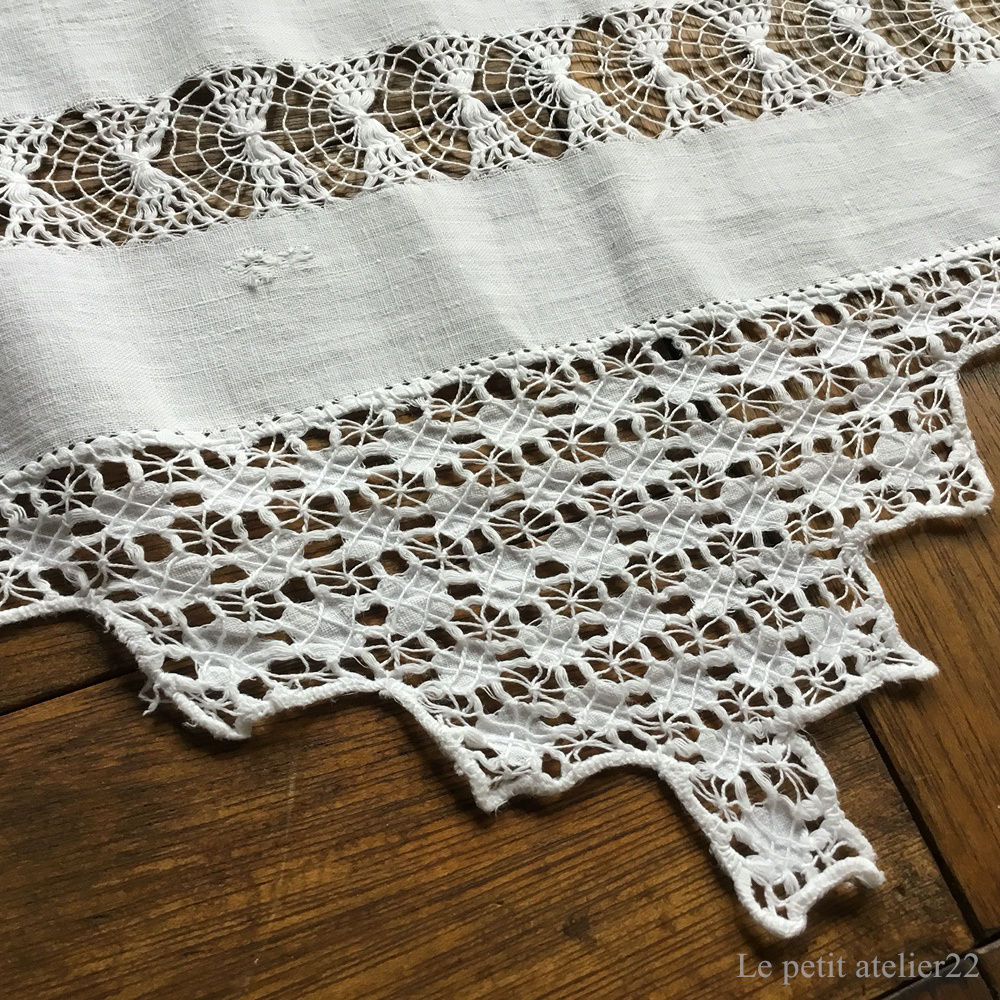 特大)(長方形)フランス アンティーク リネン テーブルクロス ホワイト