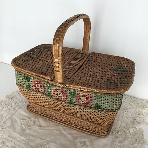L)フランス アンティーク ローズ パニエ バスケット 籠 蓋付 36cm | Le