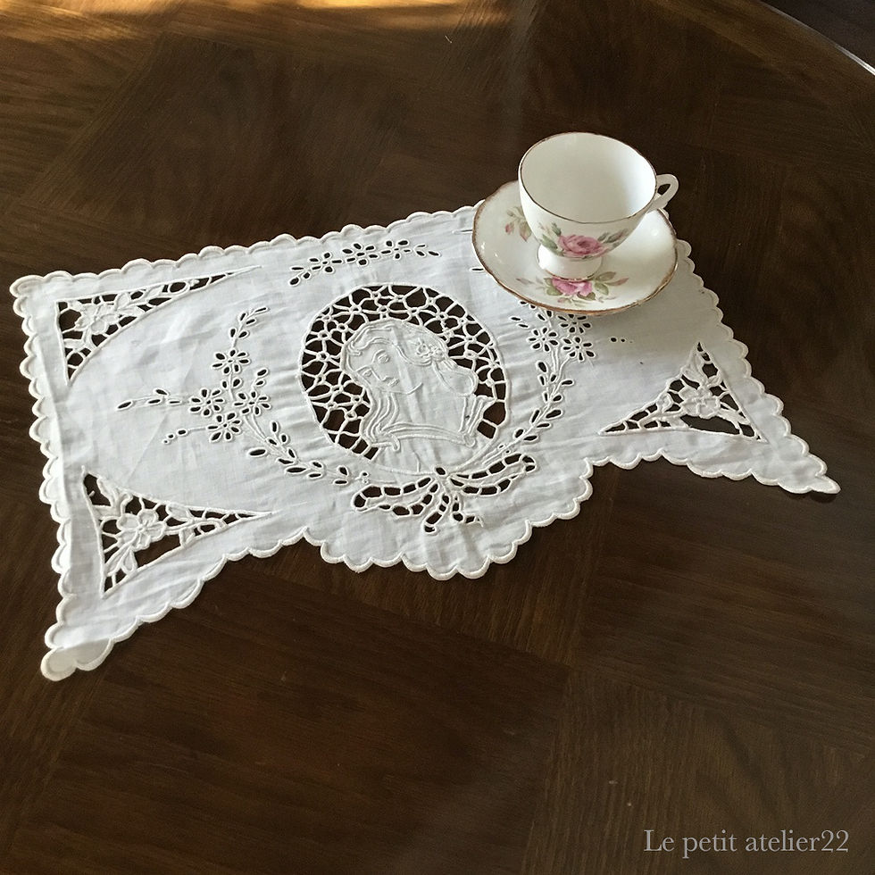 サムネイル： フランス アンティーク コットン ドイリー テーブルセンター  カットワーク スカラップ  30 x 45 cm