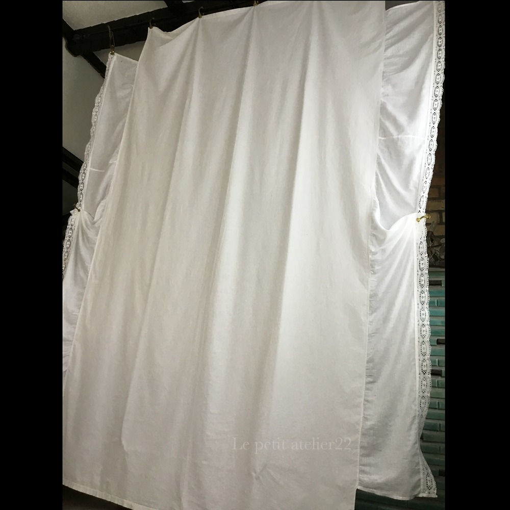 (特大) (ダブルベッド)フランス アンティーク コットン ベッドカバー / カーテン  142 x 251 cm