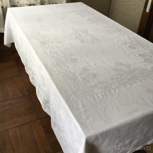 フランス　アンティーク　コットン　テーブルクロス 特大)(長方形) フランス アンティーク コットン テーブルクロス