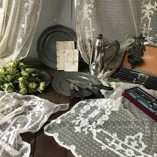 2枚1組) フランス アンティーク チュールレースカーテン 刺繍 エクリュ