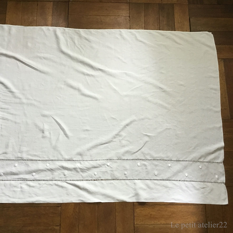 サムネイル： (特大) フランス アンティーク  リネン カーテン/テーブルクロス ドロンワーク  108 x243 cm