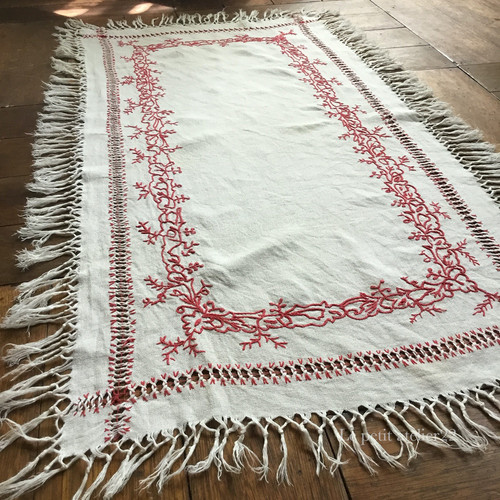 フランス アンティーク リネン テーブルセンター ダマスク織 赤刺繍