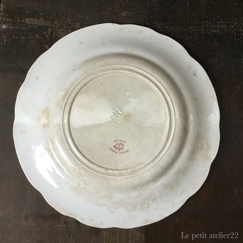 サムネイル： (No6)フランス クレイユ エ モントロー アンティーク グリザイユ プレート 皿 ピンク(1884-) 20.5cm