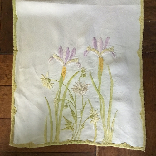 フランス アンティーク リネン テーブルセンター ダマスク織 花刺繍 40