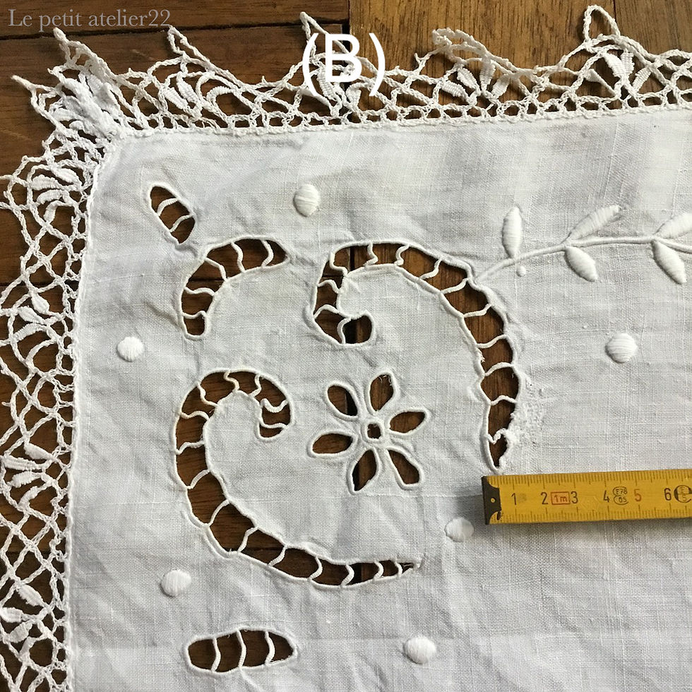 サムネイル： (B)(補修あり) フランス アンティークリネン テーブルセンター カットワーク 刺繍  スカラップ 44 x 121