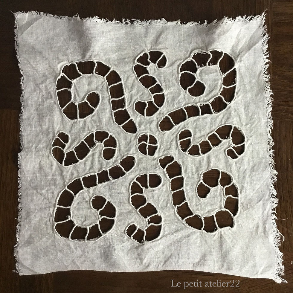 サムネイル： (パーツ)(A)(在庫5)フランス アンティーク リネン カットワーク  アイリス オフホワイト 25x 25 c cm