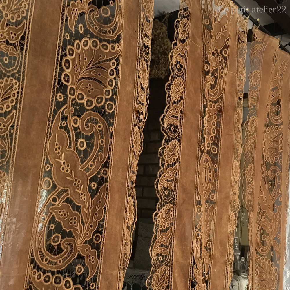在庫2) フランス アンティーク カーテン ブラウン 19世紀 52 cm x 2 m
