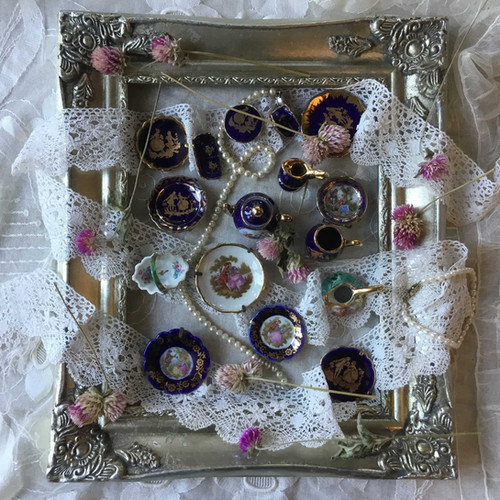 ミニチュア)フランス アンティーク リモージュ 金彩 ティーポット＆絵