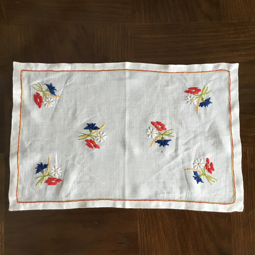 フランス アンティーク リネン テーブルセンター ドイリー 花刺繍 25 x