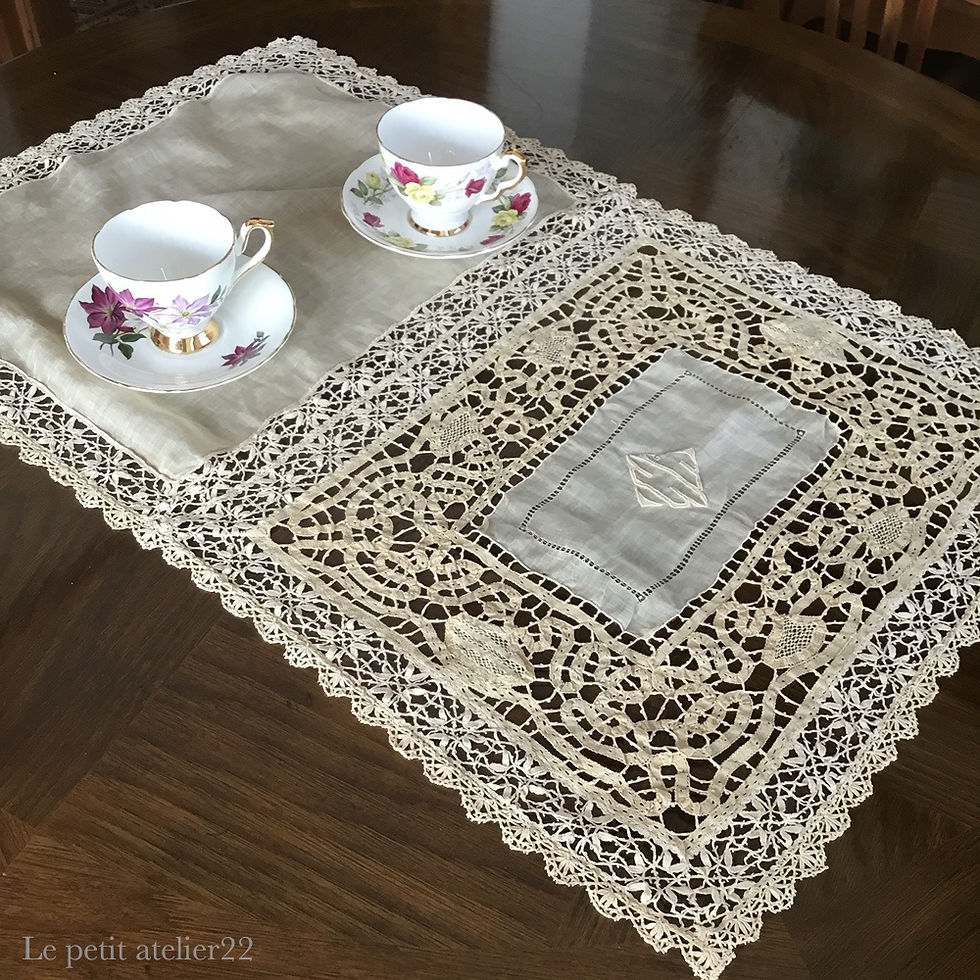 サムネイル： フランス アンティーク リネン カフェカーテン/テーブルセンター モノグラム 49 x 74 cm