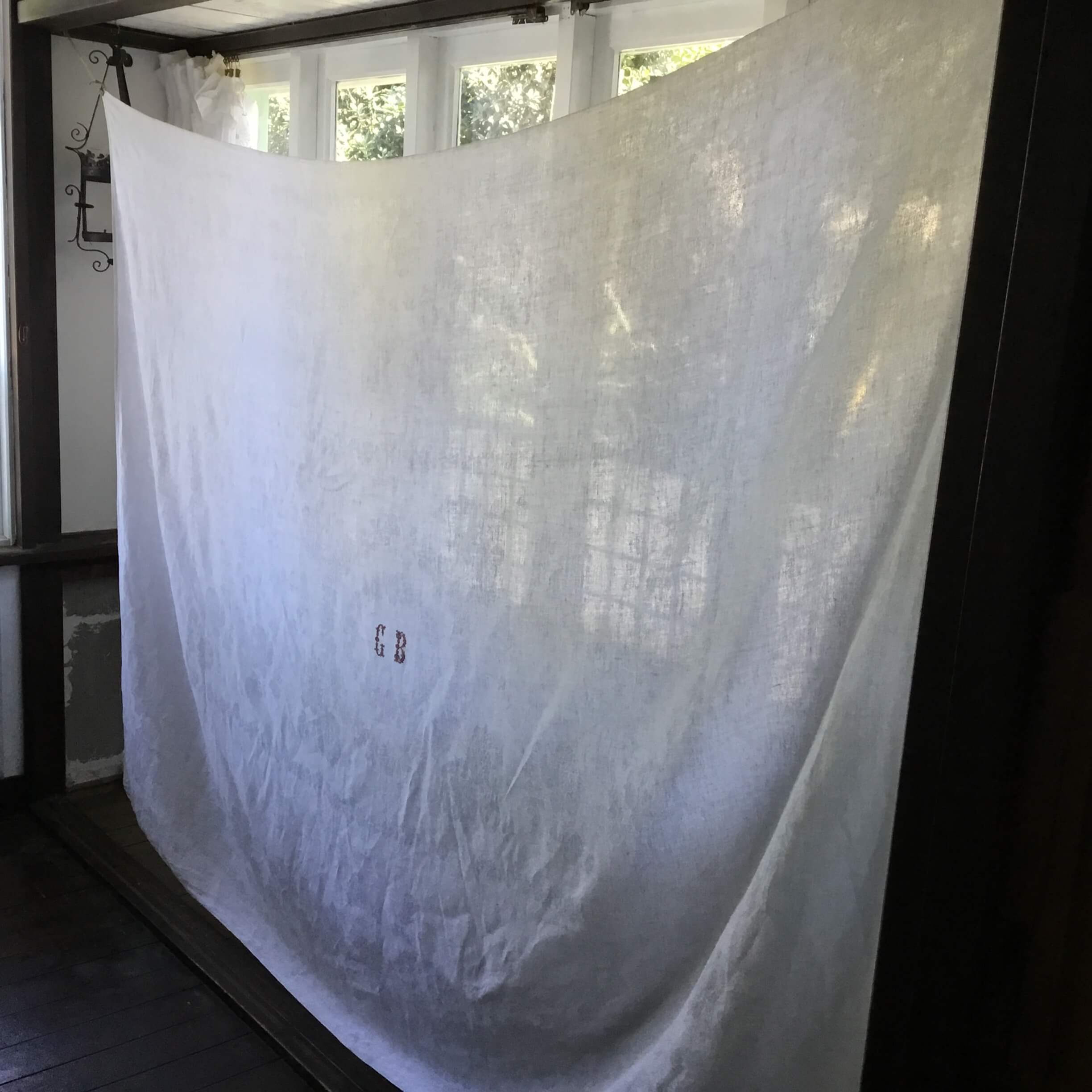 フランス アンティーク ダマスク織 モノグラム テーブルクロス長方形 リネン 155 x 215 cm