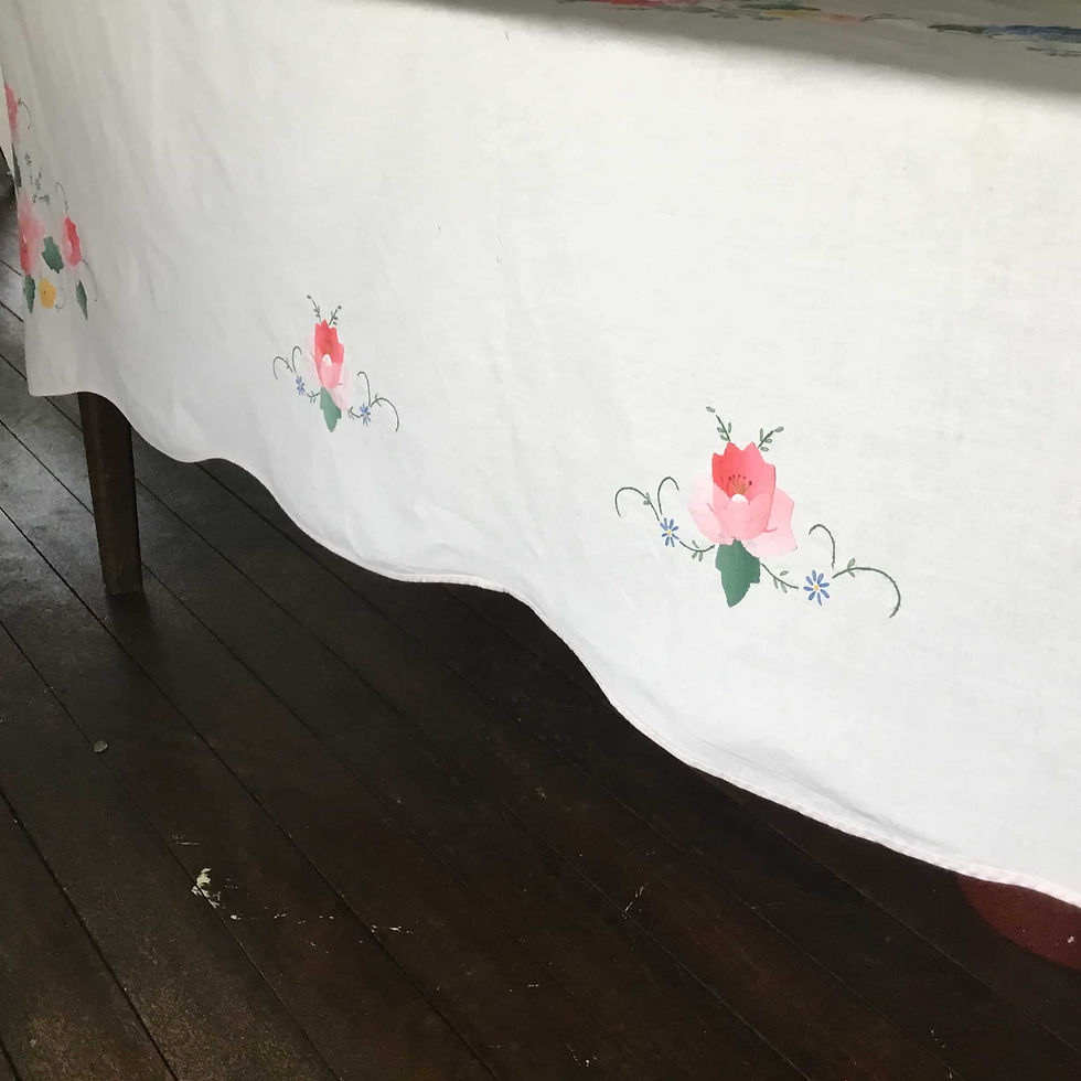 サムネイル： フランス アンティーク コットン テーブルクロス アップリケ 花柄A ピンクエッジ  長方形  161 x 214 cm