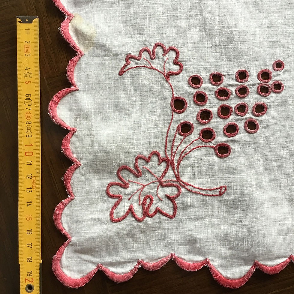 サムネイル： フランス アンティーク リネン テーブルセンター カットワーク 赤刺繍 スカラップ 43 x 70 cm
