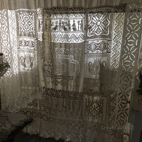 特大) フランス アンティーク リネン ベッドカバー / カーテン