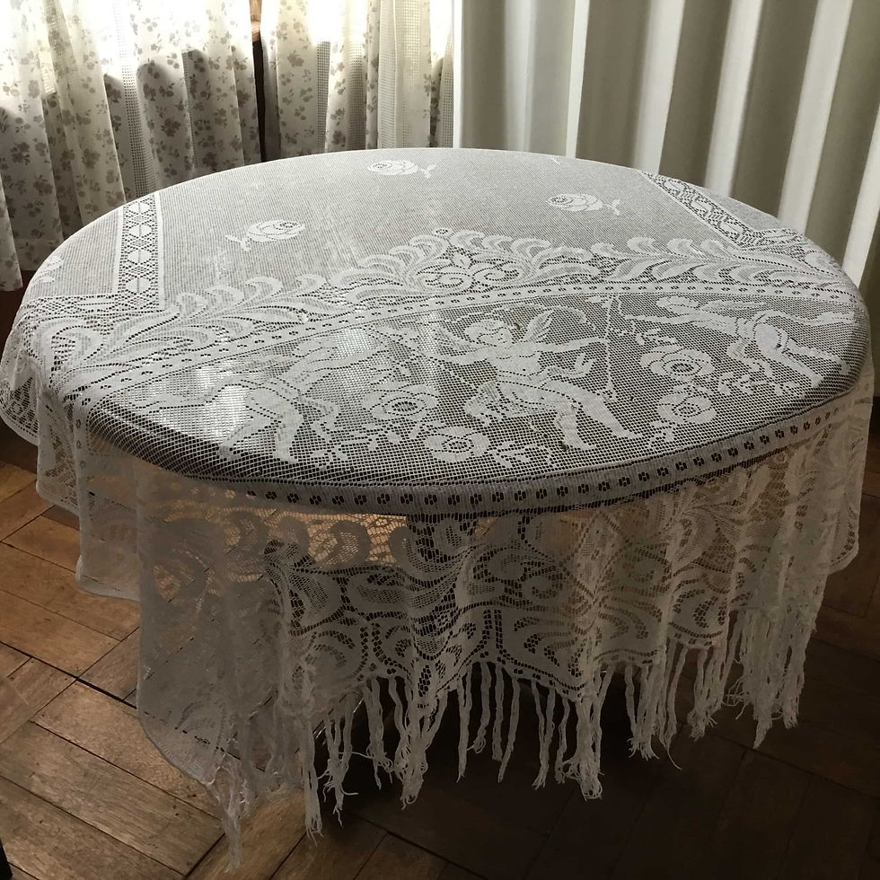 サムネイル： フランス アンティーク フィレレース カーテン  テーブルクロス フリンジ付 天使 エンジェル 135 x 160