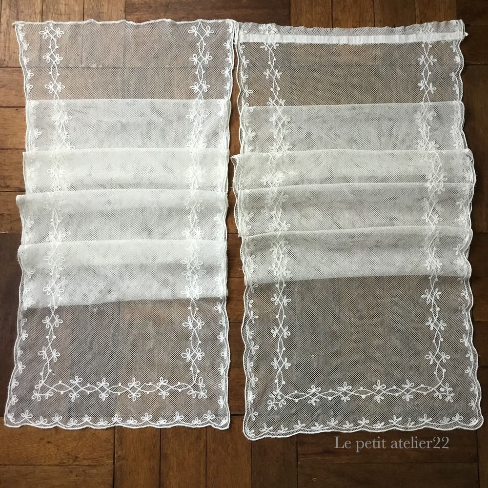 (2枚1組) フランス アンティーク チュールレースカーテン 刺繍 ライトエクリュ 48 x 230 cm