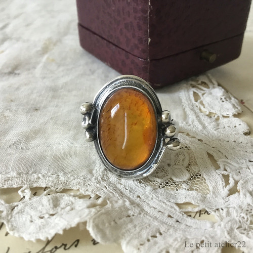15.5号/56) フランス アンティーク シルバー925 琥珀 リング 指輪 | Le