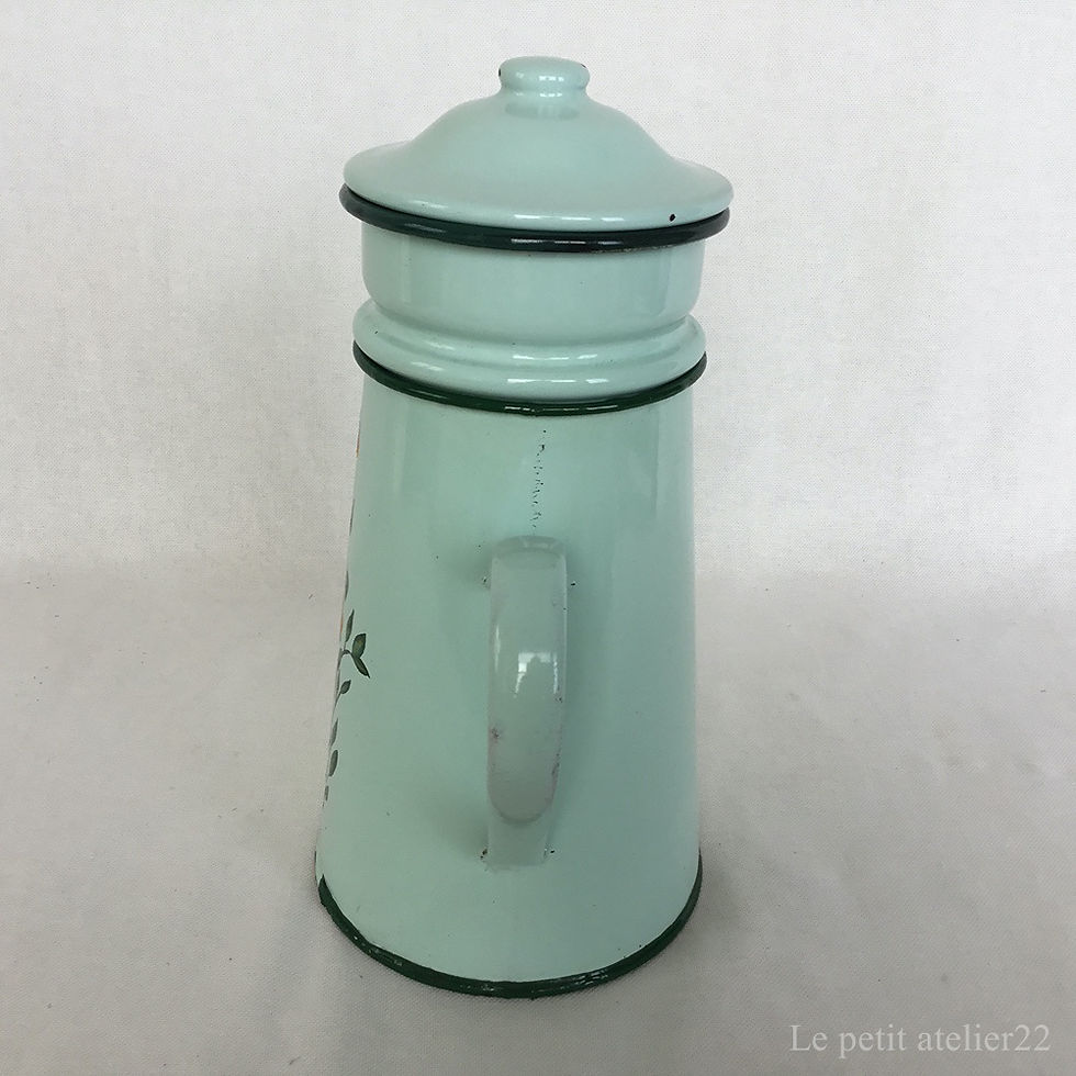 サムネイル： フランス アンティーク ホーロー カフェティエール コーヒーポット  ダブル ミントグリーン花柄 25.5 cm
