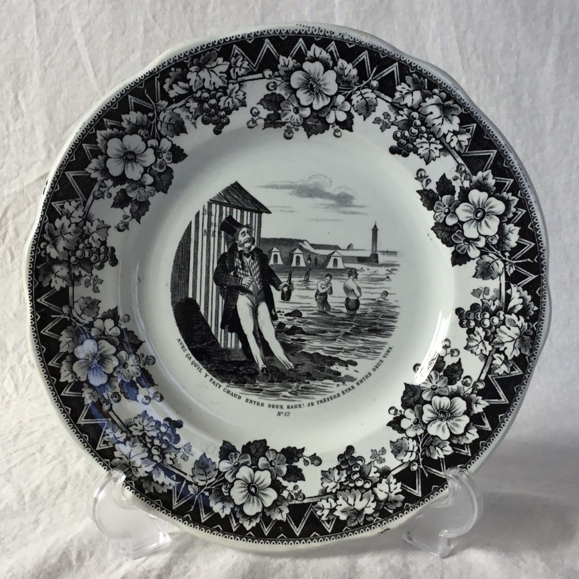 フランス クレイユ エ モントロー アンティーク グリザイユ プレート 皿  (1849 - 75)