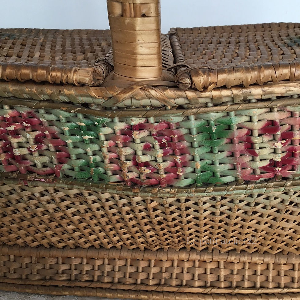 サムネイル： (L)フランス アンティーク ローズ パニエ バスケット 籠 蓋付 36cm