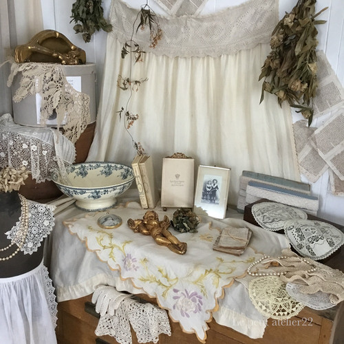 フランス アンティーク シルク カーテン ライトエクリュ クロシェ 128