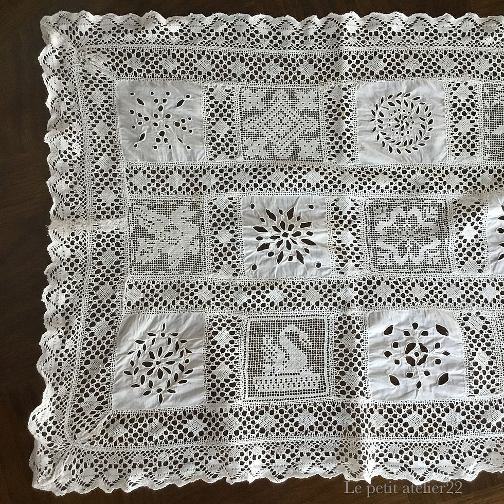 サムネイル： フランス アンティーク リネン パッチワーク テーブルセンター ライトエクリュ 50 x 63 cm
