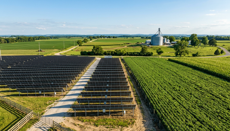 Wide-angle view of solar panels and farmland under a clear American sky.