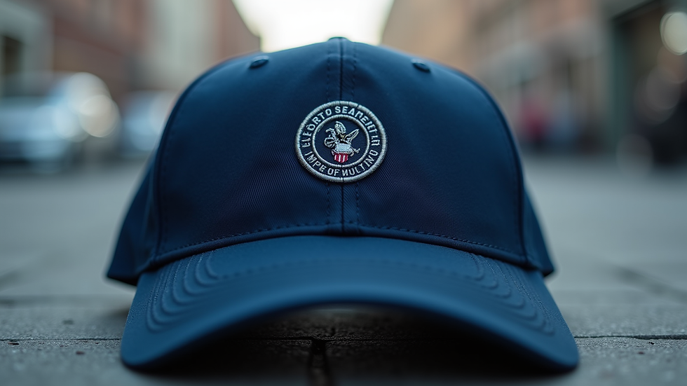 Eye-level view of a navy blue baseball cap with an embroidered logo