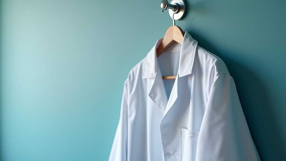 Close-up view of a white doctor's coat hanging on a hook