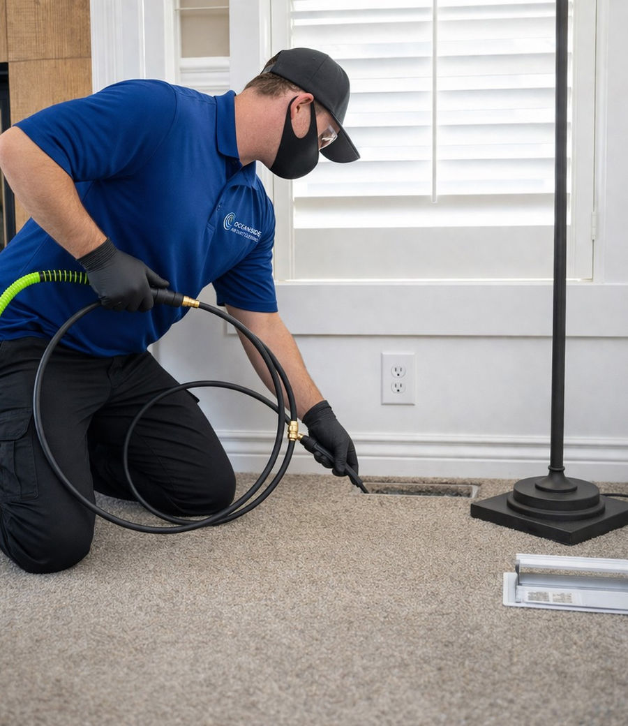 Oceanside technician cleaning a floor register with professional agitation equipment