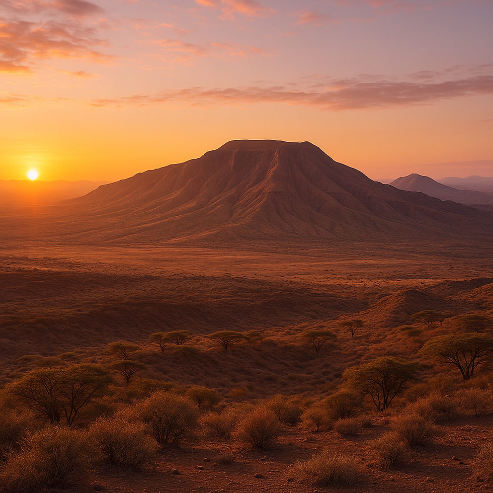 Sunset over a vast, arid landscape with an imposing mountain. Warm orange hues fill the sky, casting shadows on sparse trees and bushes.