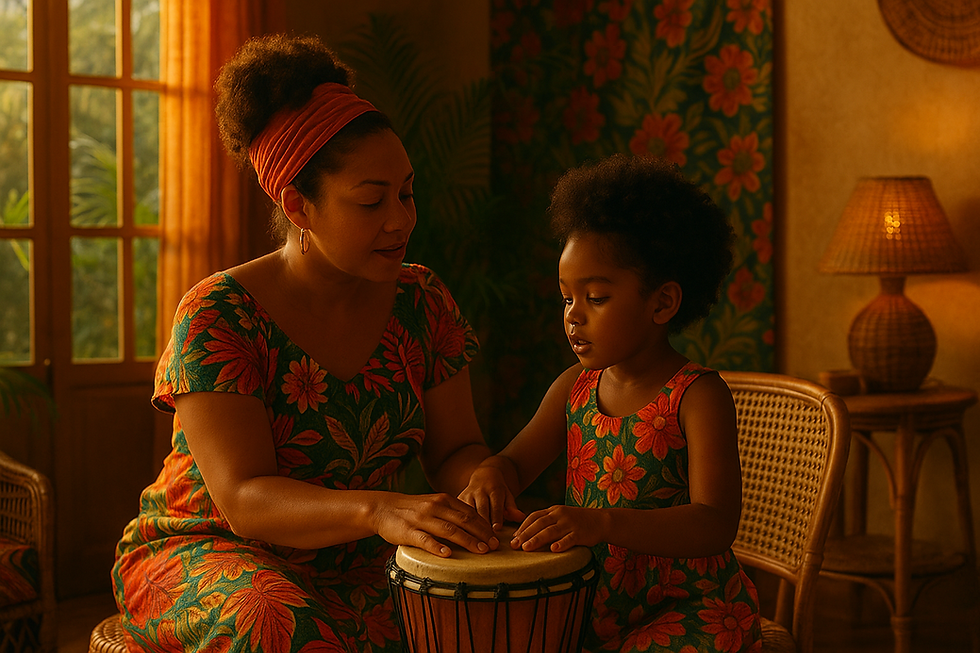 A woman and child play a drum in a warmly lit room with floral patterns. Both wear matching floral outfits, creating a cozy and joyful mood.