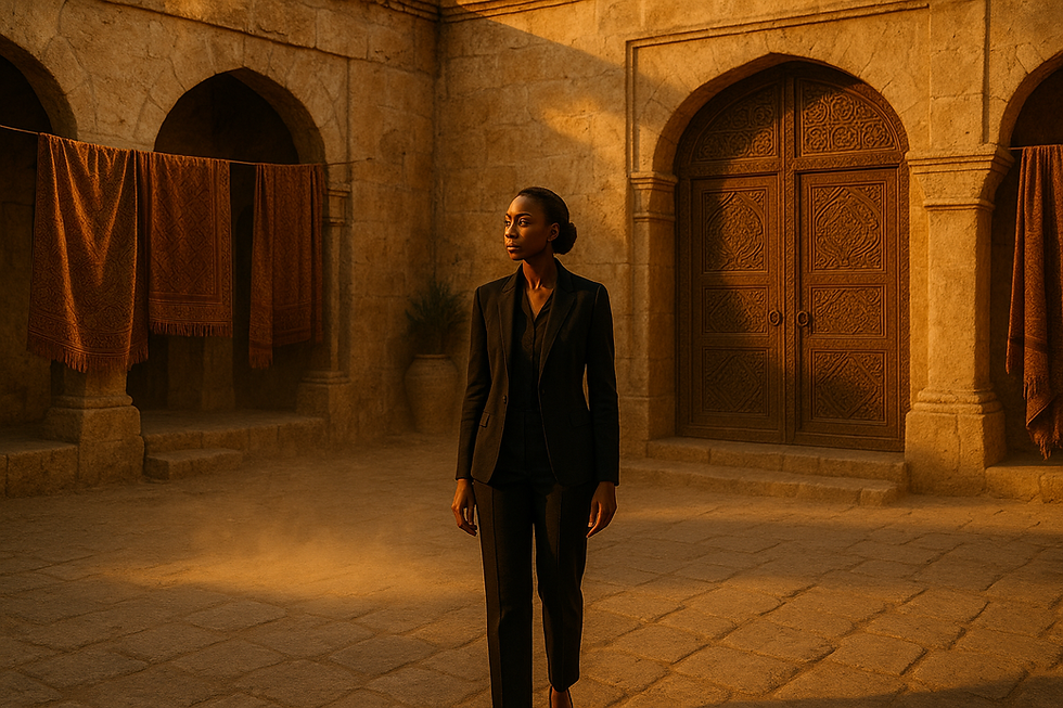 Woman in a dark suit stands in a sunlit courtyard with ornate doors and hanging rugs. The warm light creates a serene mood.