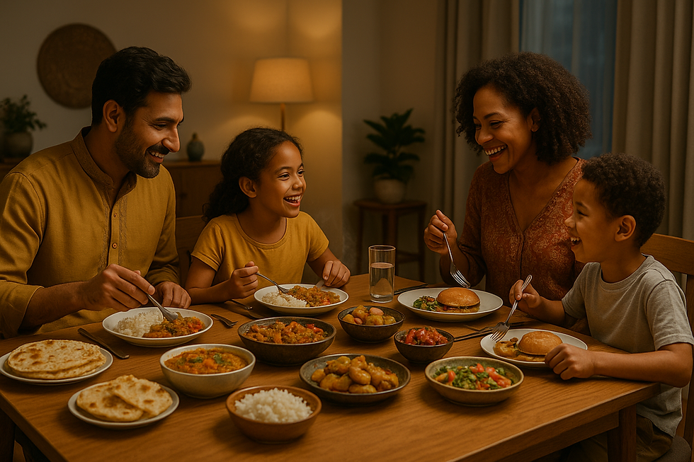 Family of four enjoying dinner together, laughing around a table with various dishes. Warm lighting, cozy indoor setting.