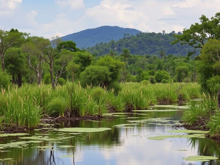 Lush wetland with tall grasses and lily pads on a calm river, set against green hills and a partly cloudy blue sky, creating a serene scene.