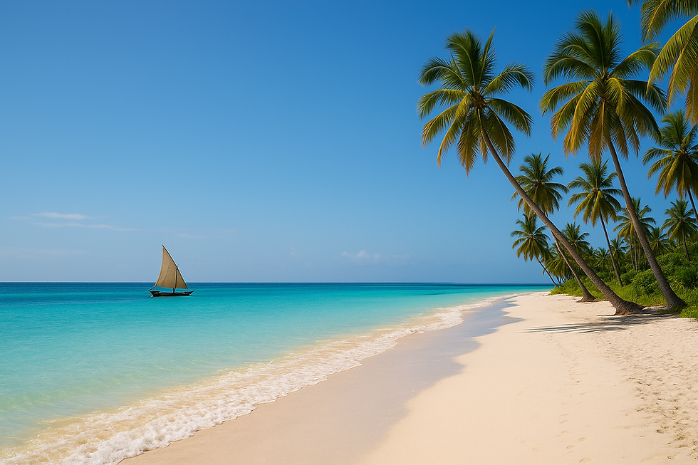 Sailboat on turquoise ocean near a sandy beach lined with palm trees under a clear blue sky; peaceful and tropical setting.