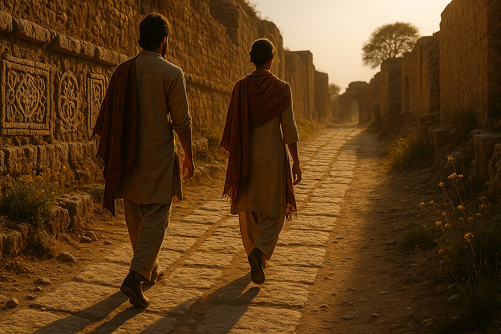 Two people walking along an ancient stone path, surrounded by ruined walls. They wear traditional attire, bathed in golden sunset light.