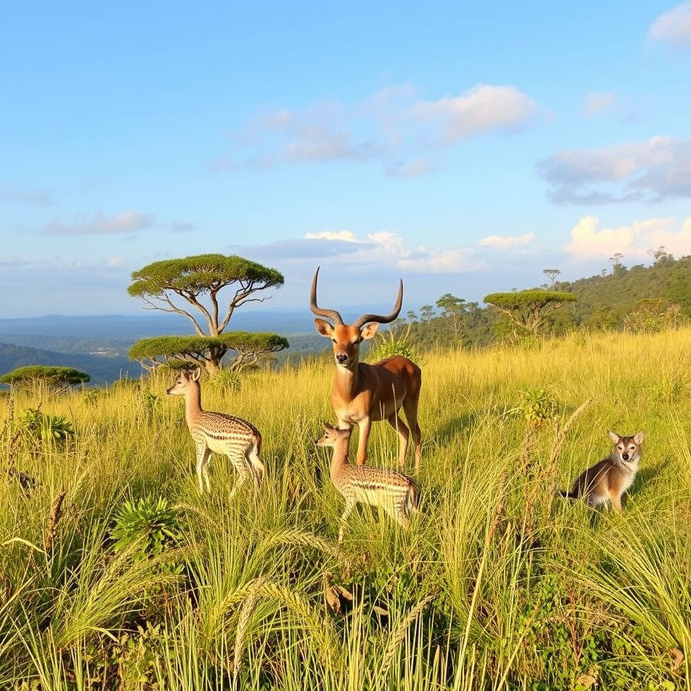 Antelope with two young and a fox rest in a grassy field. Blue sky, trees, and distant mountains create a serene, natural setting.