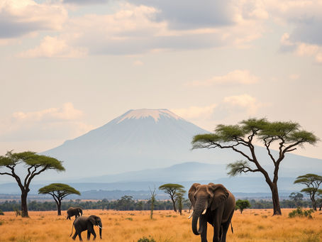 Elephants roam a grassy savanna with acacia trees, under a cloudy sky. A mountain looms in the background, conveying a serene mood.