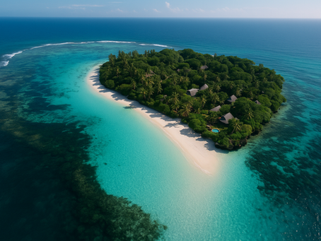 Tropical island with lush greenery, palm trees, and white sandy beach surrounded by turquoise ocean under a clear blue sky, exuding tranquility.