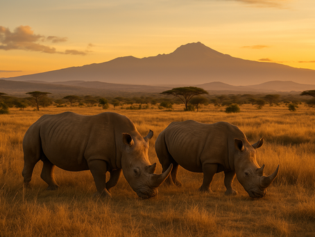 Two rhinos graze in a golden savanna at sunset, with a distant mountain silhouette and scattered trees enhancing the serene scene.