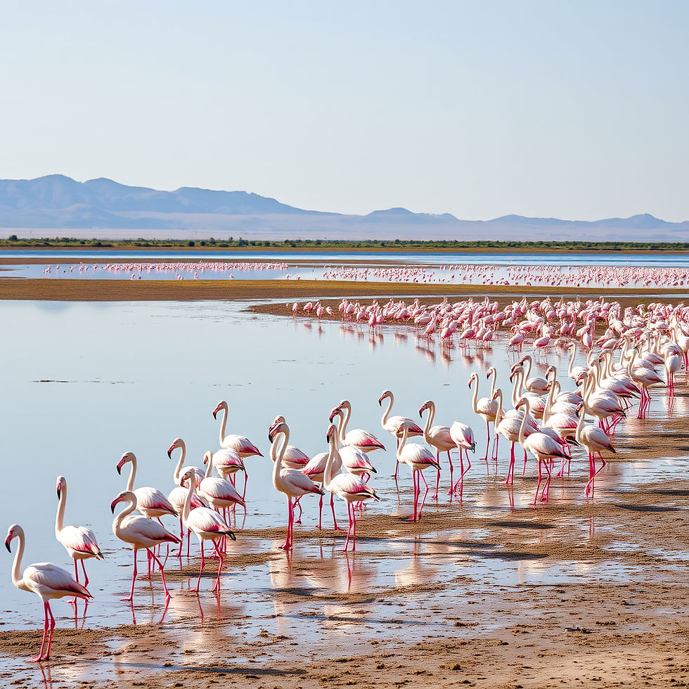 A large flock of pink flamingos wade in a serene lake, with mountains in the background under a clear blue sky. The scene is peaceful.