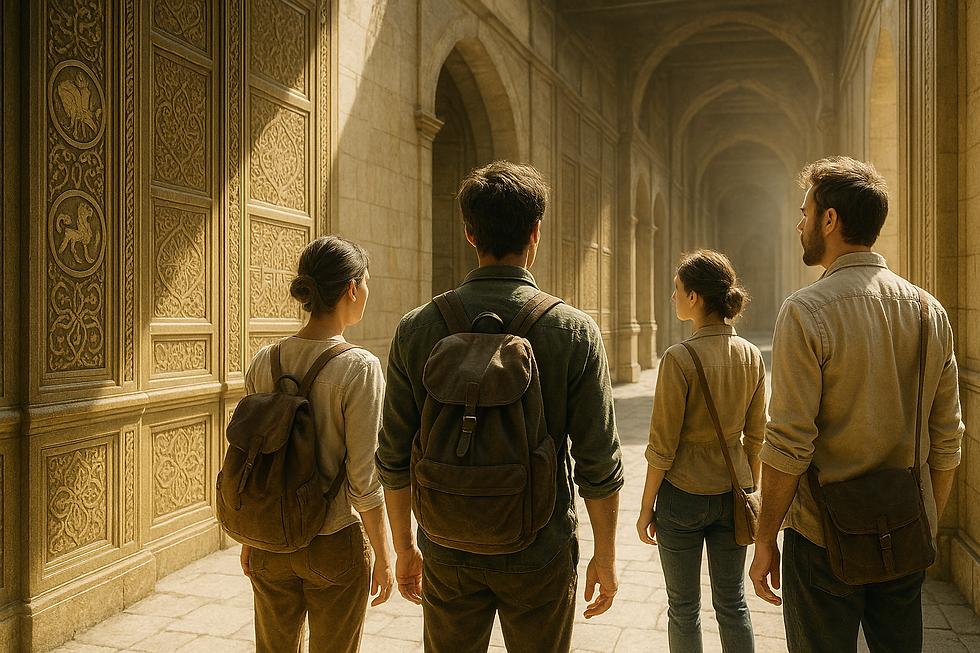 Four people with backpacks walk through a sunlit, ornate stone hallway. The mood is adventurous and the setting is historic and majestic.
