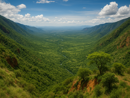 Lush green valley with a snaking river, flanked by steep hills and a lone tree in the foreground under a vibrant blue sky with clouds.