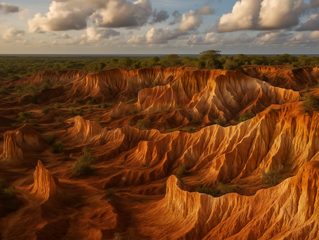 Reddish-orange eroded cliffs under a cloudy sky, with scattered greenery and a distant horizon, create a dramatic landscape scene.